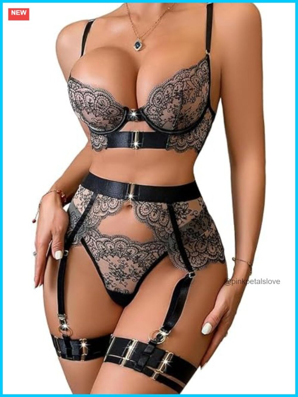Floral Embroidery Sheer Mesh Push Up Garter Belt Lingerie Set 3 Piece